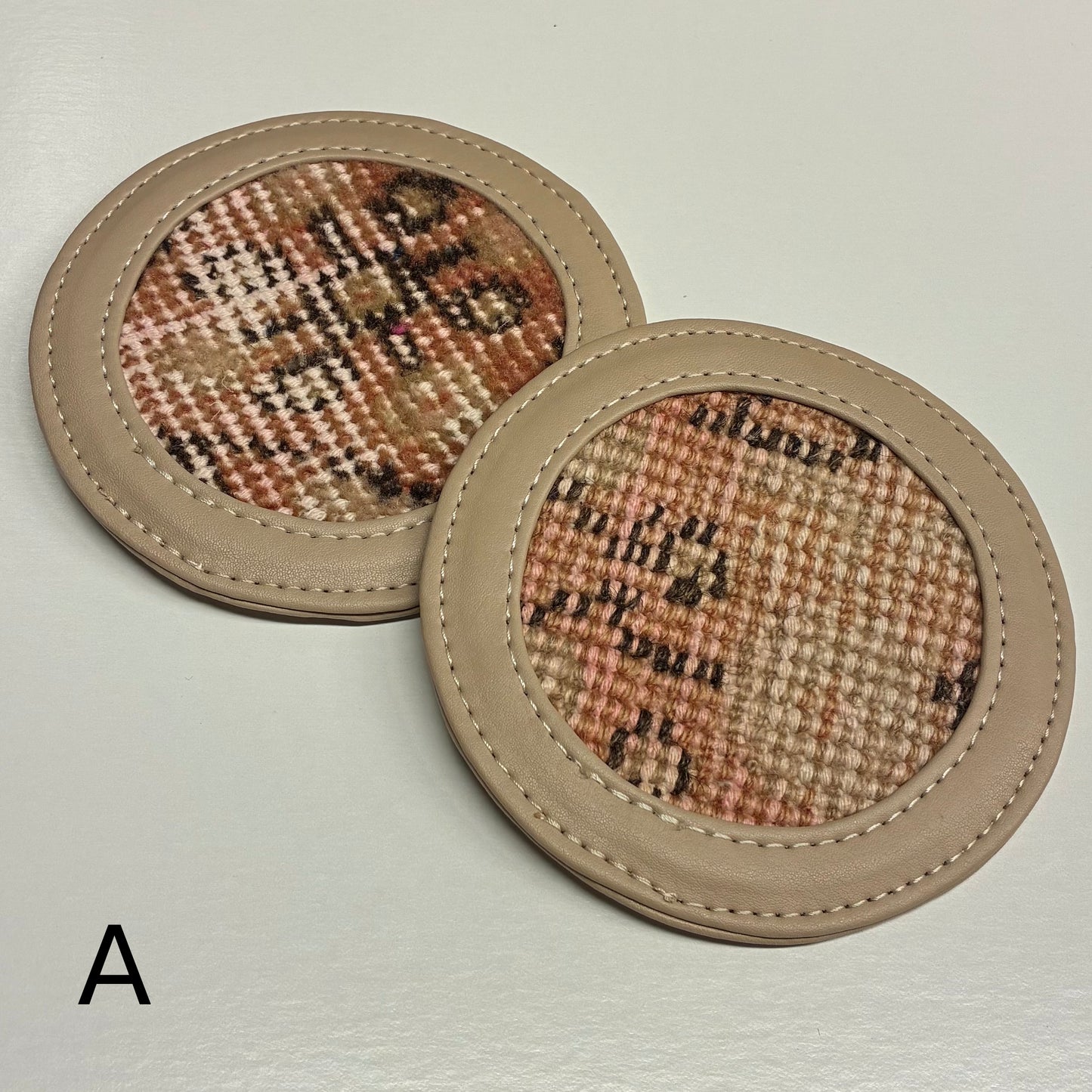 Vintage Leather and Rug Coaster, Set of Two