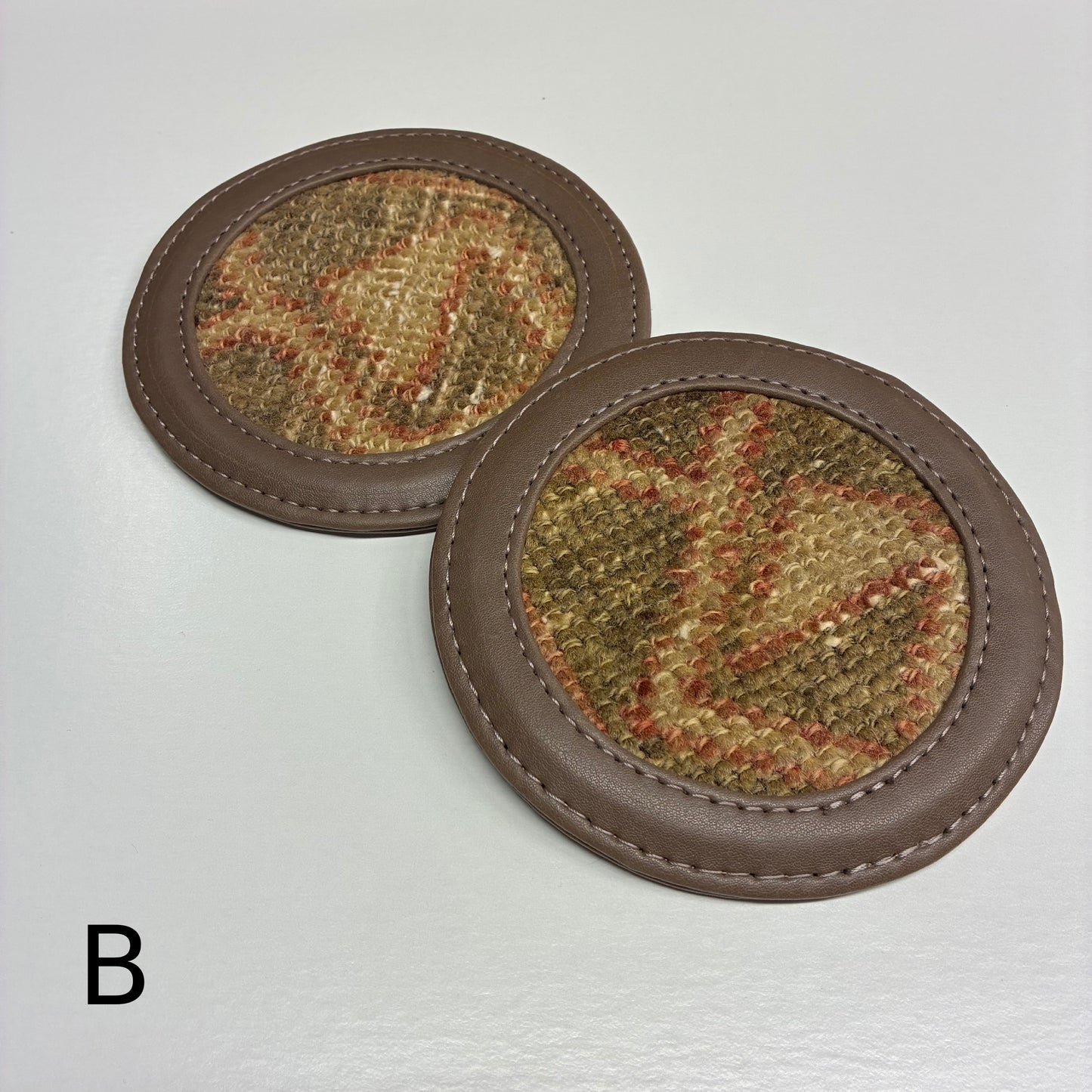 Vintage Leather and Rug Coaster, Set of Two