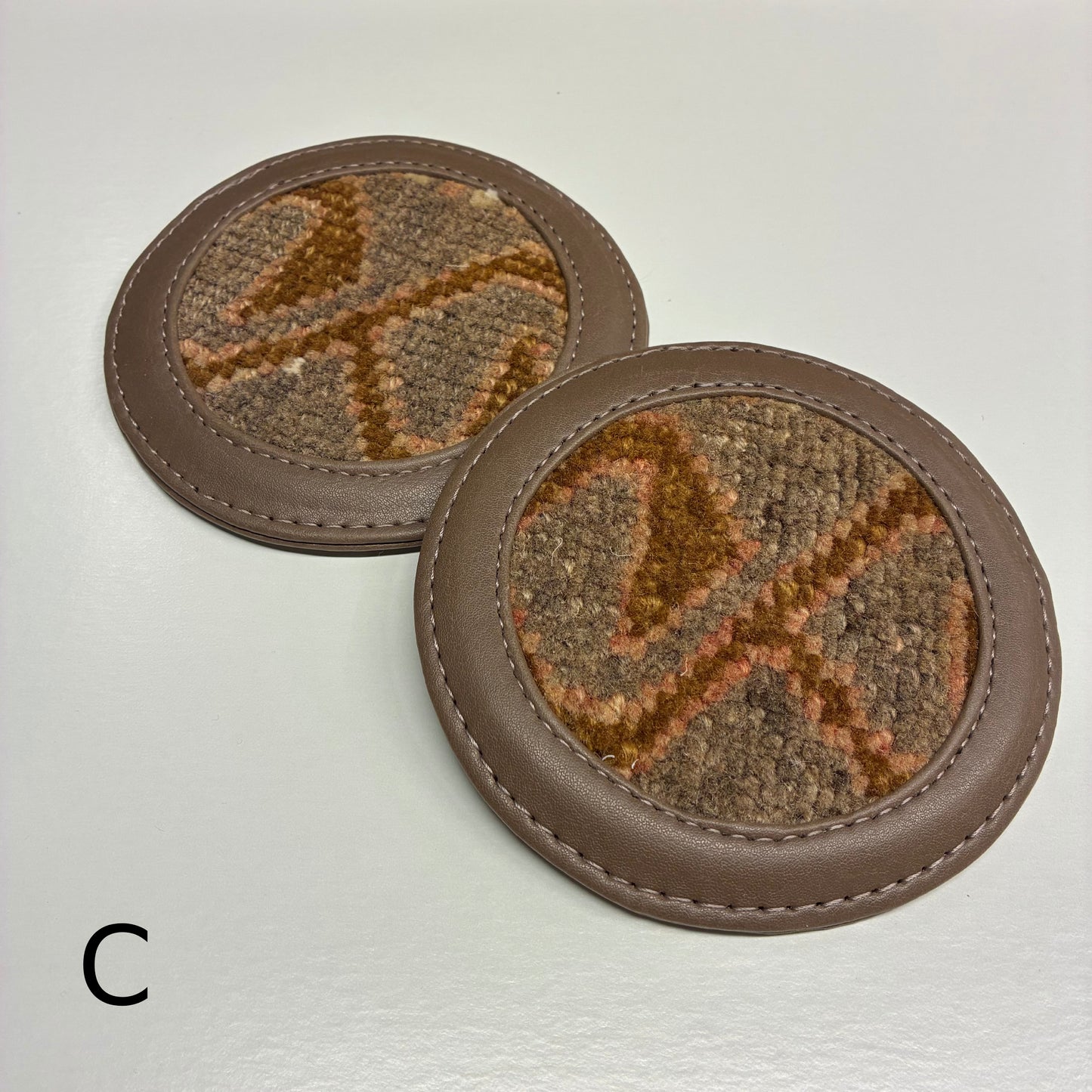 Vintage Leather and Rug Coaster, Set of Two