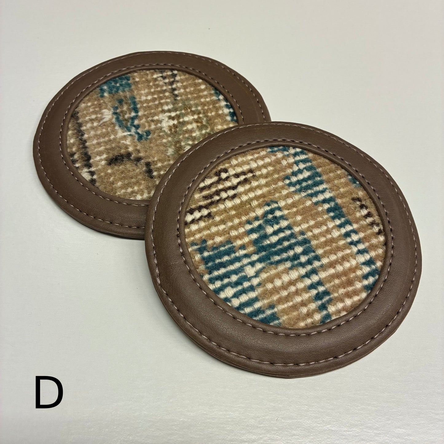 Vintage Leather and Rug Coaster, Set of Two