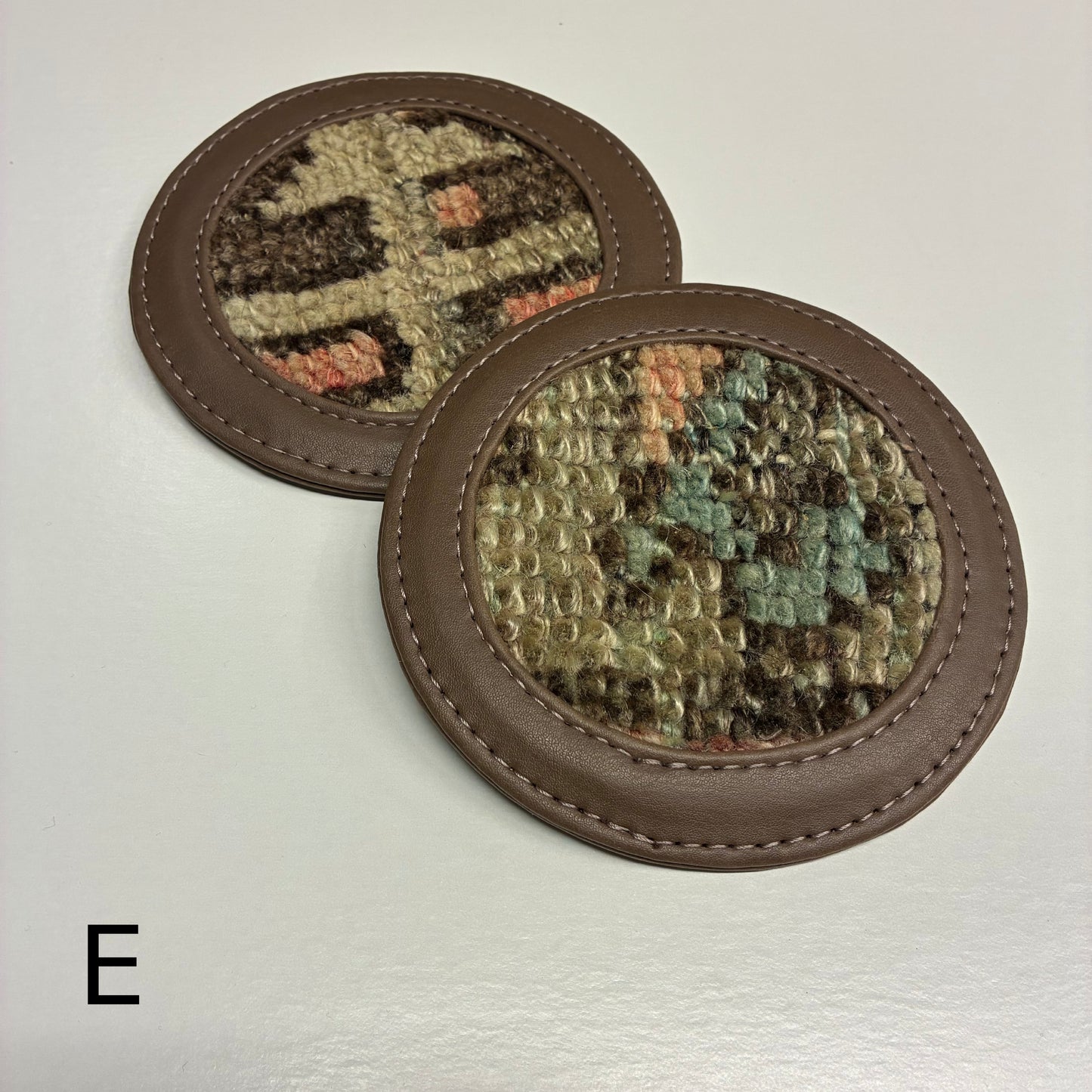 Vintage Leather and Rug Coaster, Set of Two
