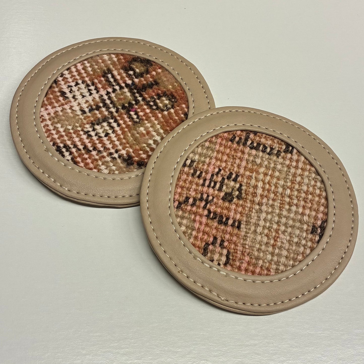 Vintage Leather and Rug Coaster, Set of Two