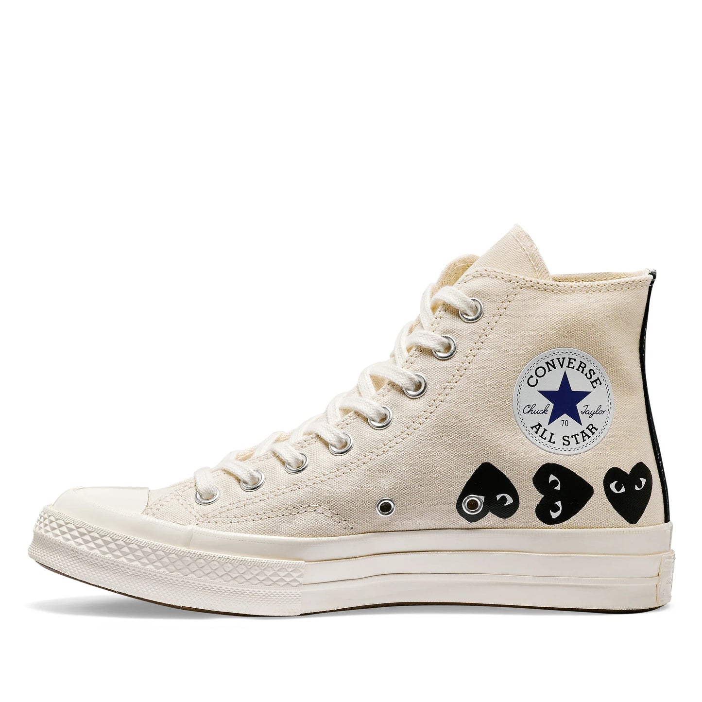 CDG PLAY X CONVERSE OFF WHITE HIGH TOP SNEAKERS, MULTI HEART