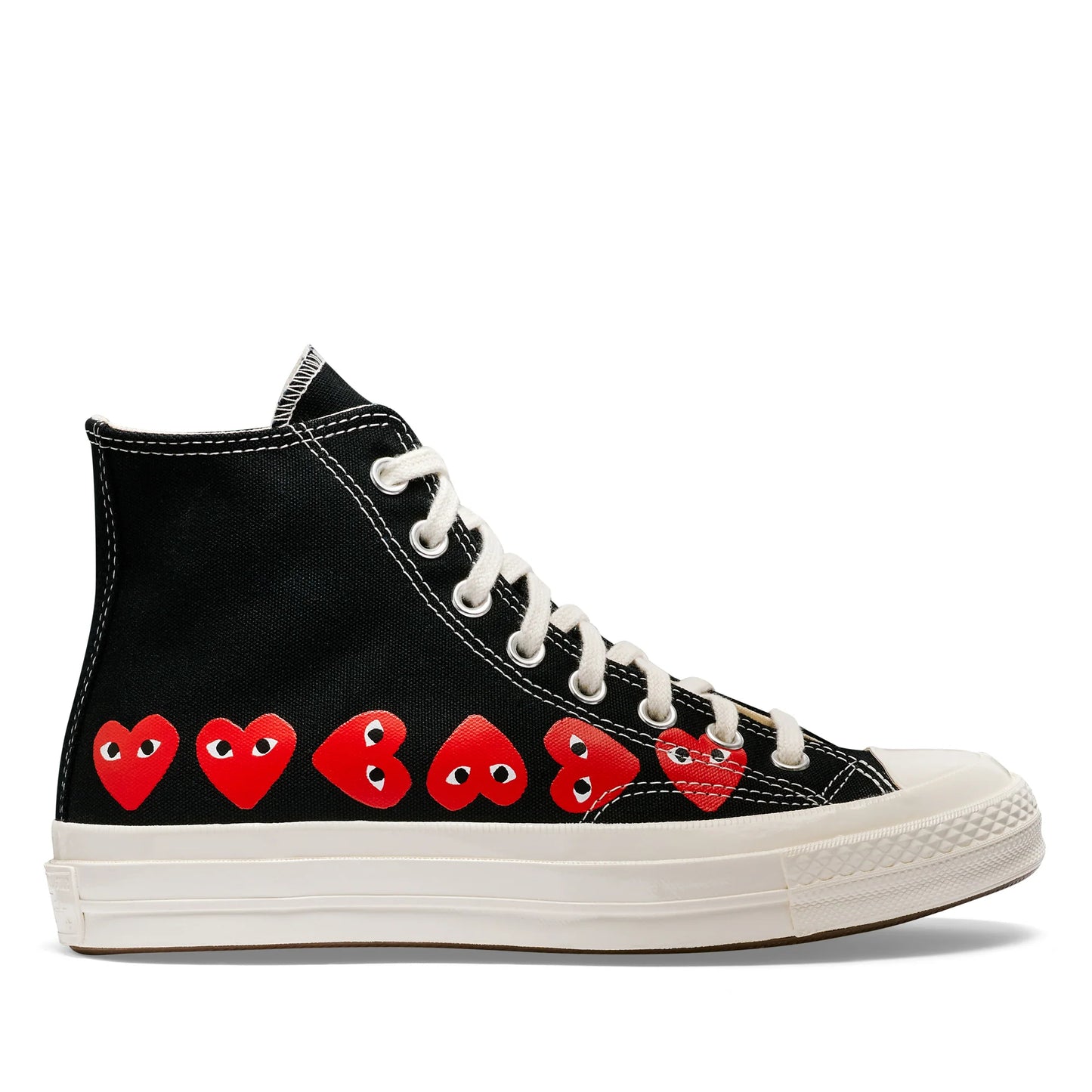 CDG PLAY X CONVERSE BLACK HIGH TOP SNEAKERS, MULTI HEART