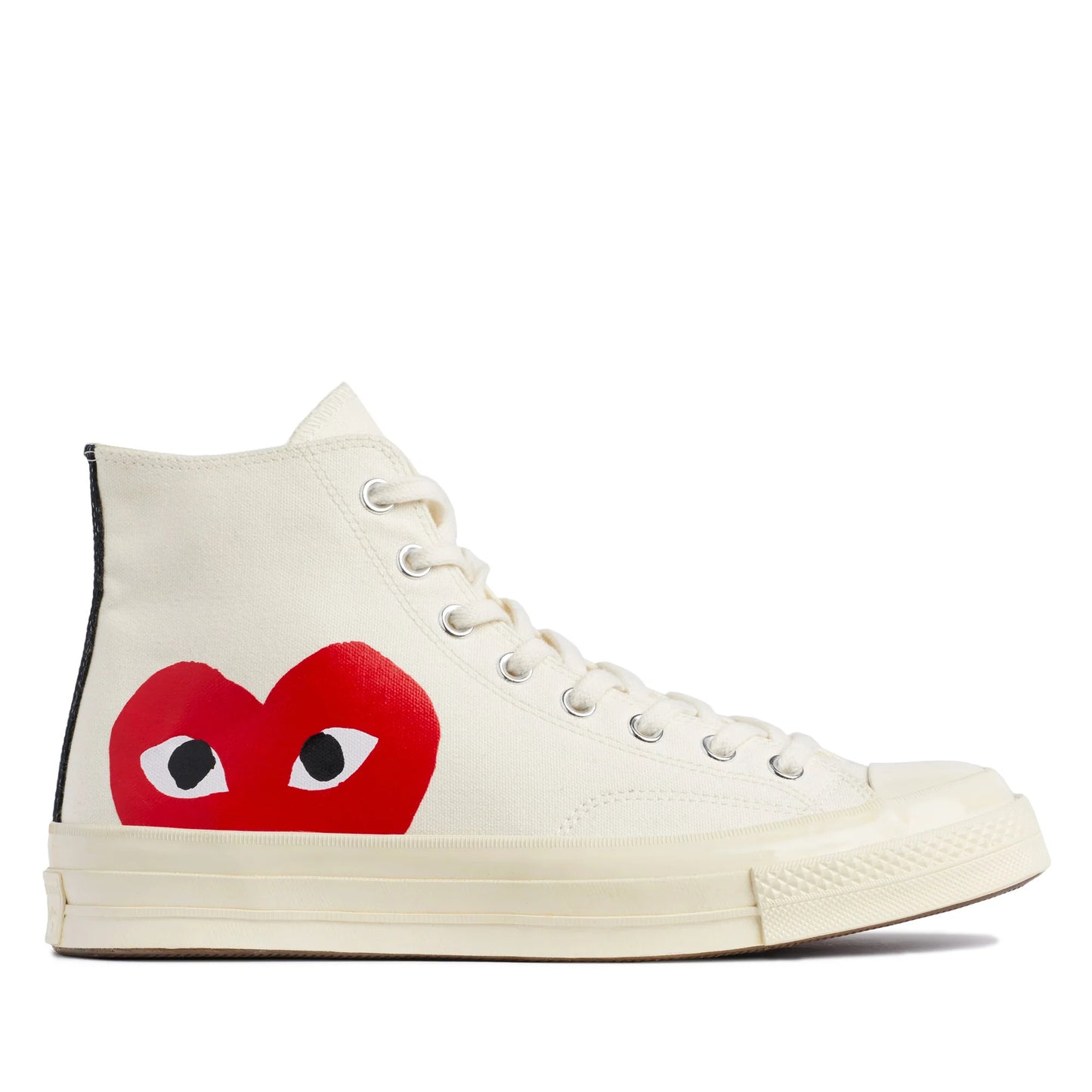 CDG PLAY X CONVERSE OFF WHITE HIGH TOP SNEAKERS, HALF HEART