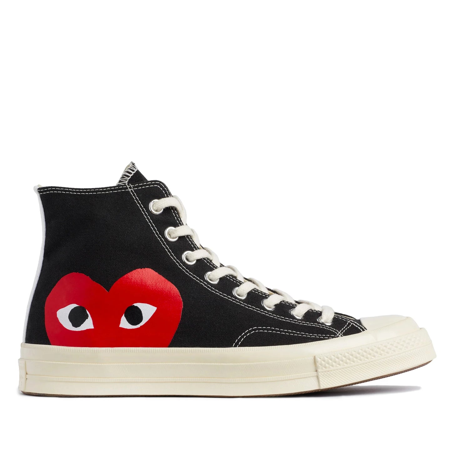 CDG PLAY X CONVERSE BLACK HIGH TOP SNEAKERS, HALF HEART