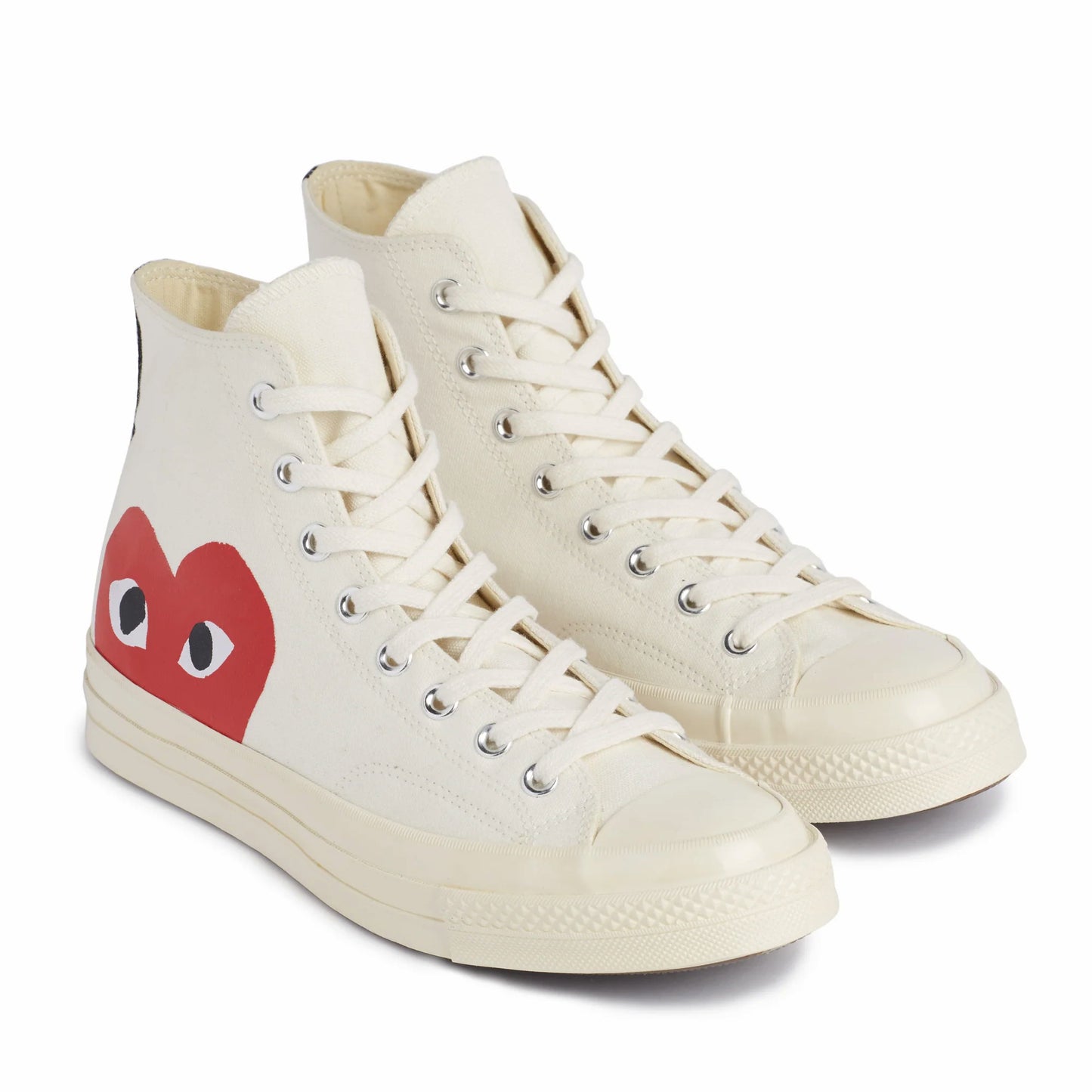 CDG PLAY X CONVERSE OFF WHITE HIGH TOP SNEAKERS, HALF HEART