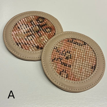 Vintage Leather and Rug Coaster, Set of Two