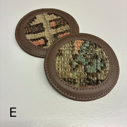 Vintage Leather and Rug Coaster, Set of Two