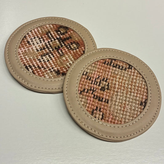 Vintage Leather and Rug Coaster, Set of Two