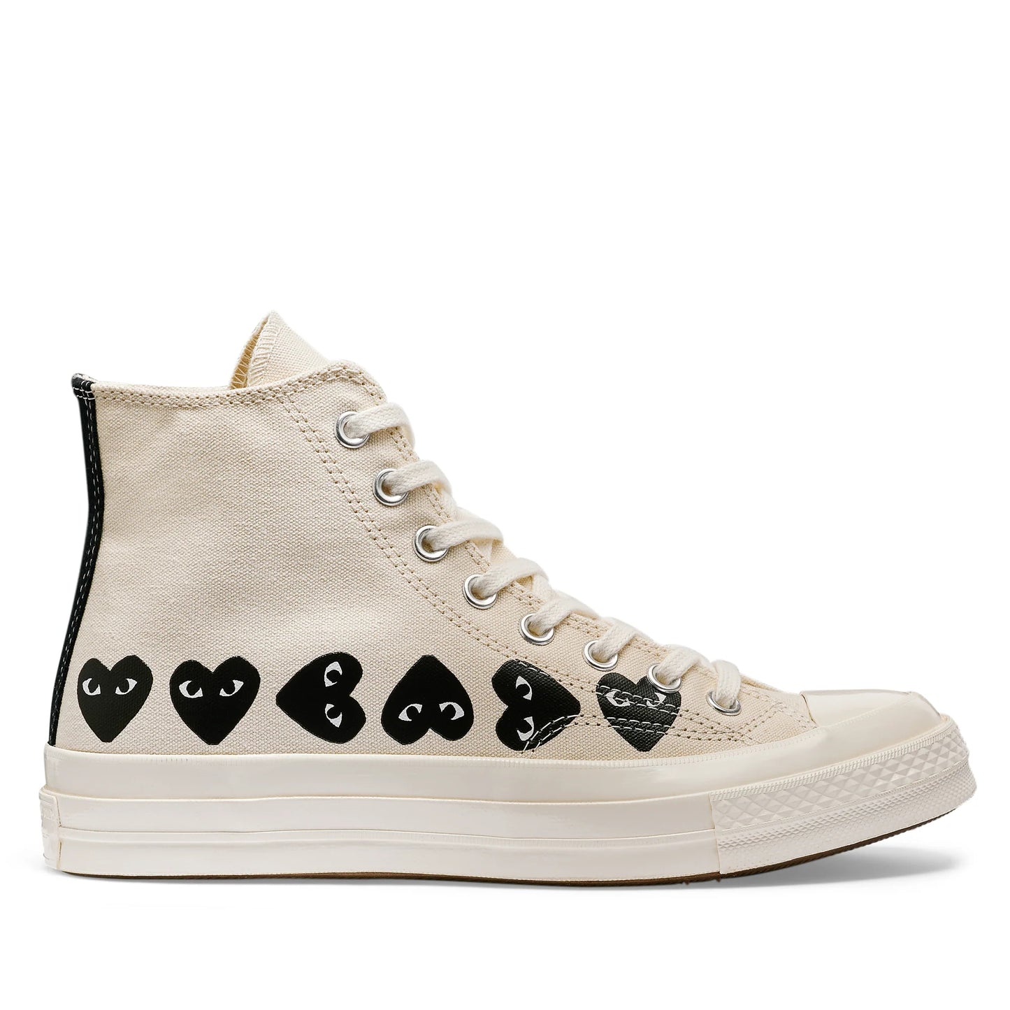 CDG PLAY X CONVERSE OFF WHITE HIGH TOP SNEAKERS, MULTI HEART