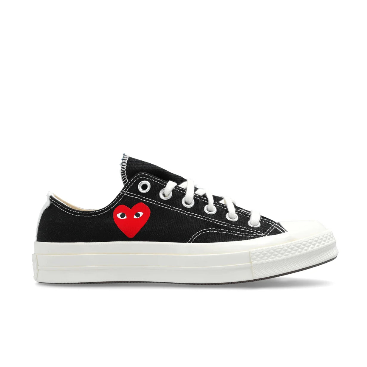 CDG PLAY X CONVERSE BLACK LOW TOP SNEAKERS, FULL HEART