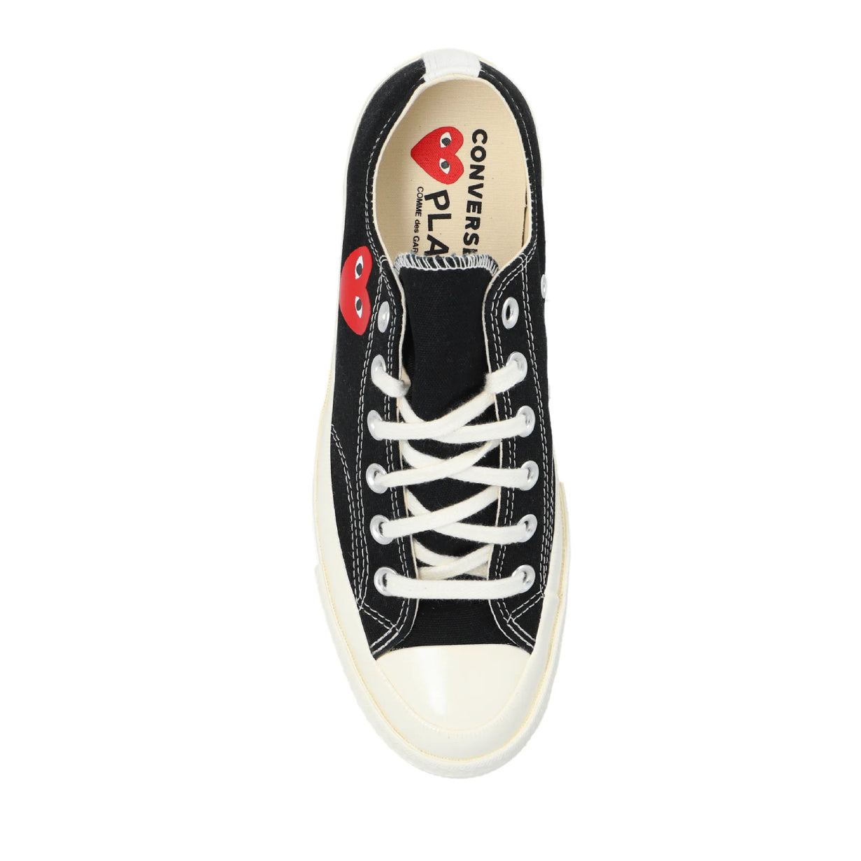 CDG PLAY X CONVERSE BLACK LOW TOP SNEAKERS, FULL HEART