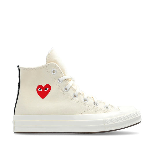 CDG PLAY X CONVERSE OFF WHITE HIGH TOP SNEAKERS, FULL HEART