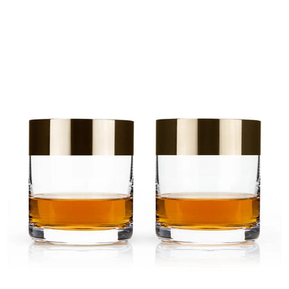 Irving Bronze Rimmed Crystal Lowball Tumblers Set of 2