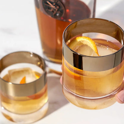 Irving Bronze Rimmed Crystal Lowball Tumblers Set of 2