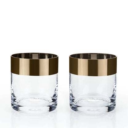 Irving Bronze Rimmed Crystal Lowball Tumblers Set of 2